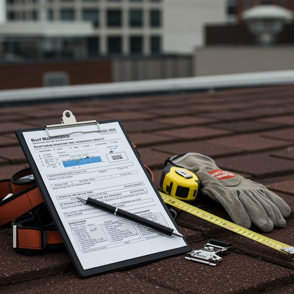 Roof maintenance checklist and tools on a shingle roof